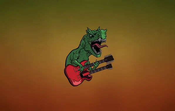 Картинка язык, красный, зеленый, гитара, динозавр, минимализм, зубы, хард, ящер, клыки, guitar, dino, темноватый фон, dinosaur