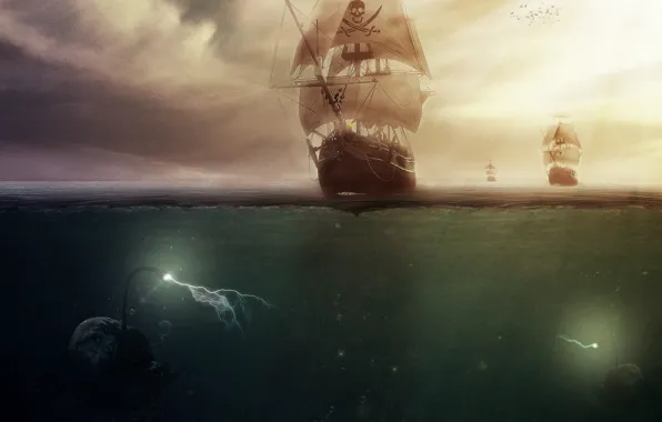Картинка море, корабль, монстры, пираты