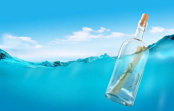 Картинка море, письмо, вода, бутылка, пробка, верёвка, послание, письмо в бутылке