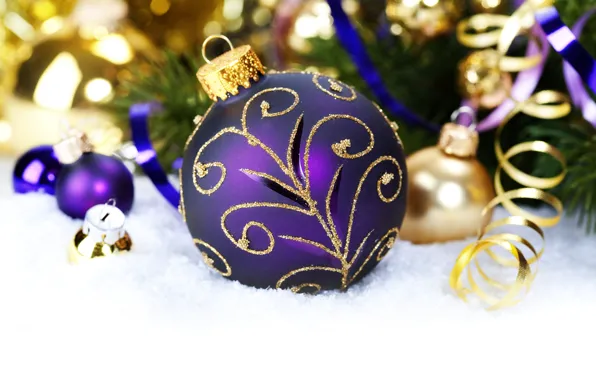 Картинка фиолетовый, снег, узоры, игрушки, шар, шарик, Новый Год, Рождество, Christmas, серпантин, золотые, New Year, елочные