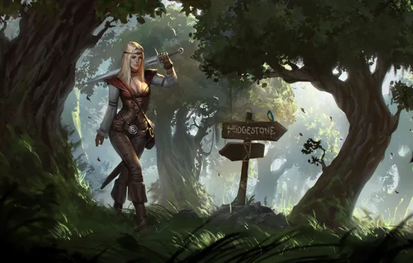Картинка лес, девушка, деревья, оружие, стрелки, меч, арт, указатели