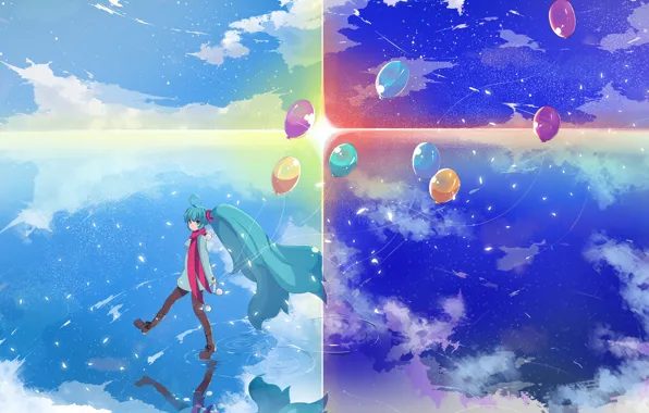 Картинка небо, вода, девушка, солнце, звезды, облака, шарики, отражение, аниме, арт, vocaloid, hatsune miku