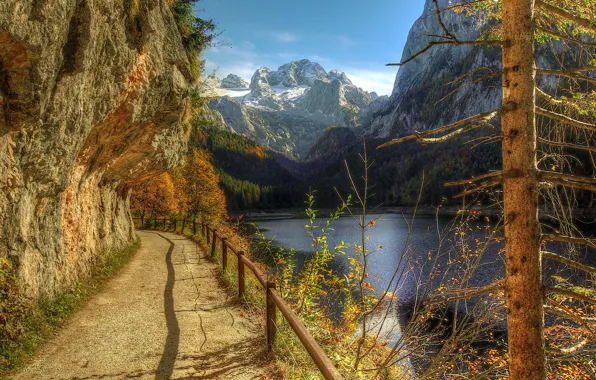 Картинка осень, деревья, горы, река, обрыв, холмы, забор, поручни
