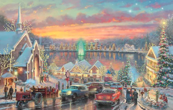 Картинка дорога, машины, огни, река, праздник, улица, часы, елки, дома, ель, вечер, Рождество, церковь, Новый год, …