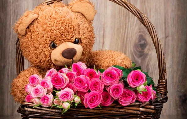 Картинка корзина, розы, букет, мишка, bear, pink, flowers, romantic, roses, basket, with love, Teddy