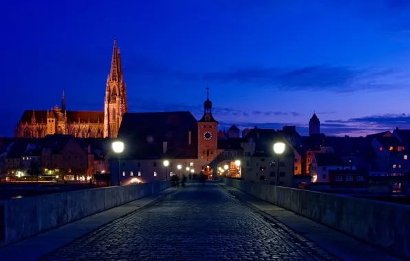 Картинка ночь, мост, город, фото, Германия, Бавария, Regensburg