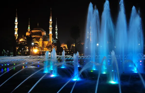 Картинка ночь, огни, фонтан, мечеть, Стамбул, Турция, минарет, София