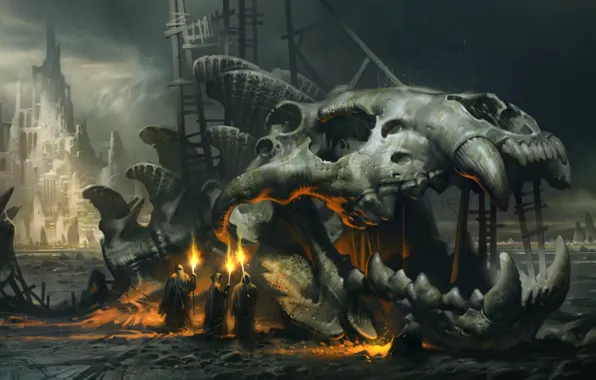 Картинка фантастика, огонь, череп, скелет, факел, монахи, гигантская рыба