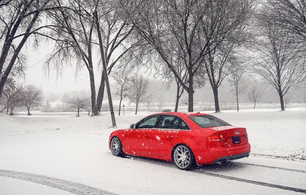Картинка зима, снег, Audi, ауди, red, красная