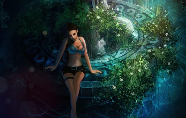 Картинка грудь, трава, девушка, цветы, игра, шорты, фонтан, сидит, Lara Croft, Tomb raider
