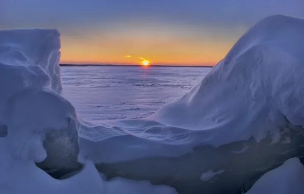 Картинка зима, снег, закат, Мичиган, сугробы, Michigan, Higgins Lake, Озеро Хиггинс