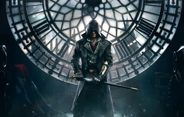 Картинка оружие, часы, Лондон, башня, капюшон, трость, плащ, убийца, клинок, персонаж, Синдикат, Кредо Убийцы, Assassin's Creed: …