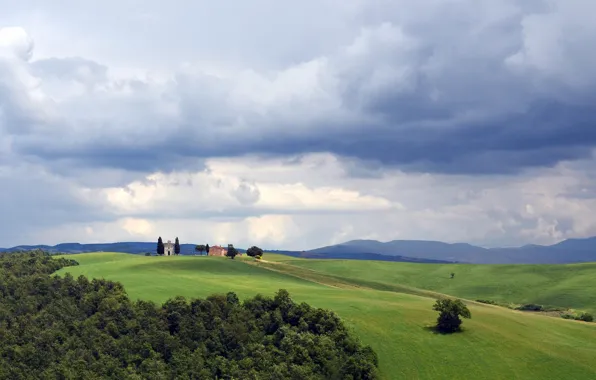 Картинка поле, трава, облака, дом, холмы, силуэт, Италия, Тоскана, Cappella della Madonna di Vitaleta