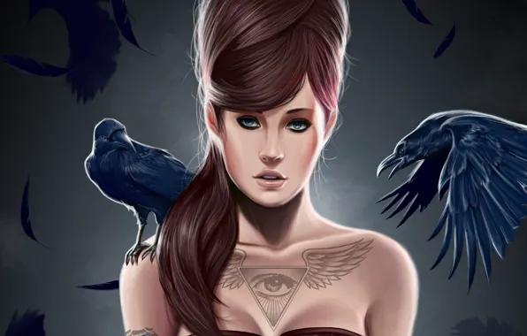 Картинка девушка, птицы, глаз, крылья, перья, тату, арт, прическа, ворон, треугольник