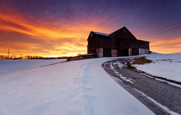Картинка зима, дорога, небо, снег, пейзаж, закат, природа, дом
