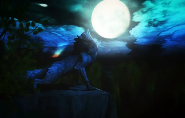 Картинка ночь, луна, волк, вой