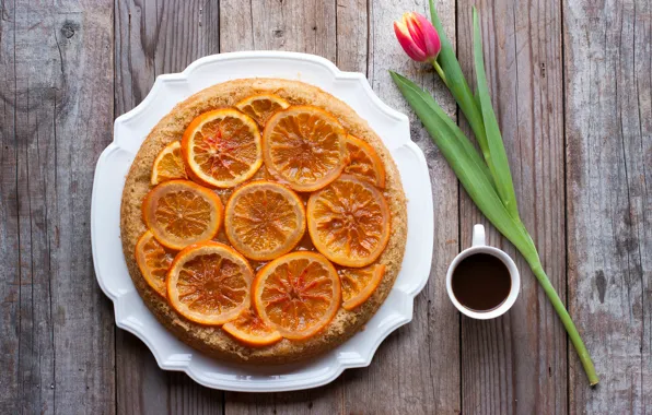Картинка цветок, тюльпан, кофе, апельсины, пирог, чашка