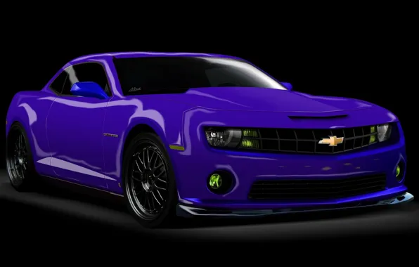 Картинка Chevrolet Camaro, Рендеринг, на черном фоне, фиолетовый авто, картинка 3D
