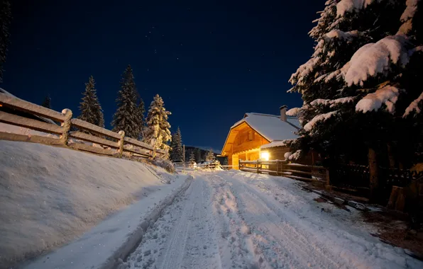 Картинка зима, дорога, ночь, дом