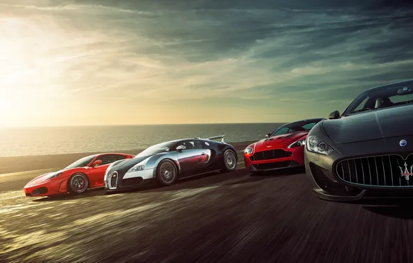 Картинка Ferrari F430, Bugatti Veyron, Speed, Sunset, Supercars, Sea, Aston Martin Vantage, Maserati Grant Turismo