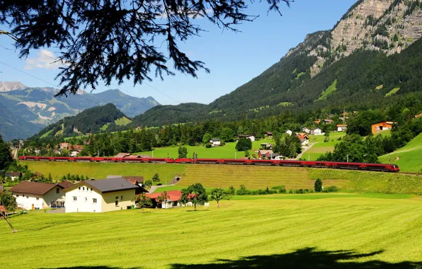 Картинка горы, поля, поезд, Австрия, железная дорога, домики, леса, LBraz