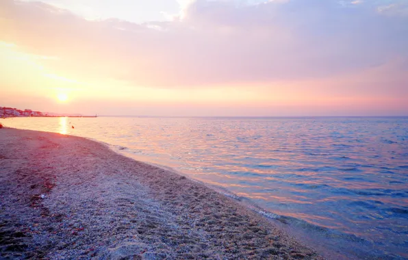Картинка море, пляж, закат, берег, Греция, beach, sea, sunset, sun, Greece