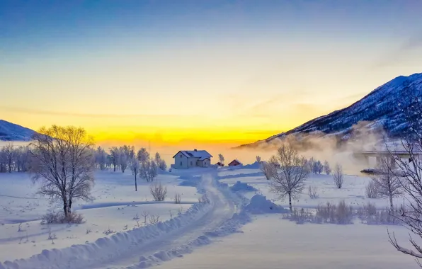 Картинка зима, дорога, снег, деревья, закат, горы, дом, Норвегия, Norway, Лофотенские острова, Lofoten