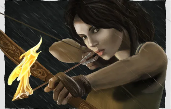 Картинка взгляд, девушка, лицо, оружие, огонь, узор, волосы, игра, лук, арт, стрела, Tomb Raider, Lara Croft