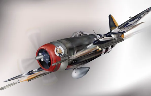 Картинка самолет, истребитель, арт, США, бомбардировщик, ВВС, Thunderbolt, P-47, Republic, WW2., небе
