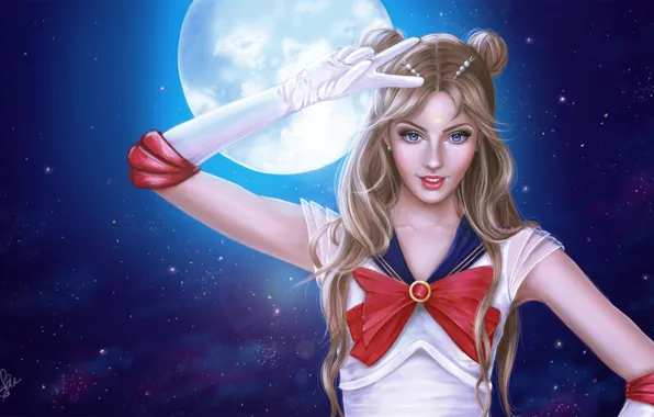 Картинка взгляд, девушка, ночь, луна, аниме, арт, костюм, Sailor moon