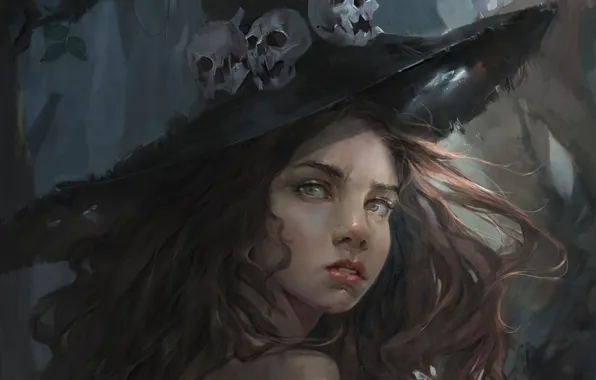 Картинка взгляд, девушка, шляпа, арт, черепа, ведьма