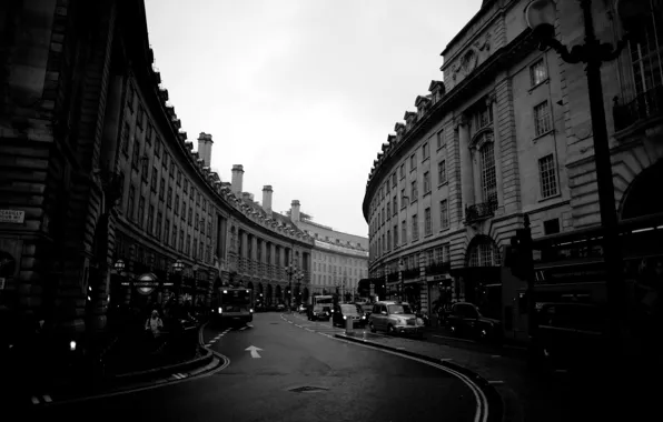 Картинка дорога, город, фото, фон, обои, улица, Лондон, здания, дома, чёрно-белое