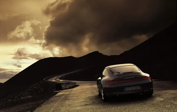 Картинка дорога, облака, 911, 997, Porsche, Погода, Carrera 4