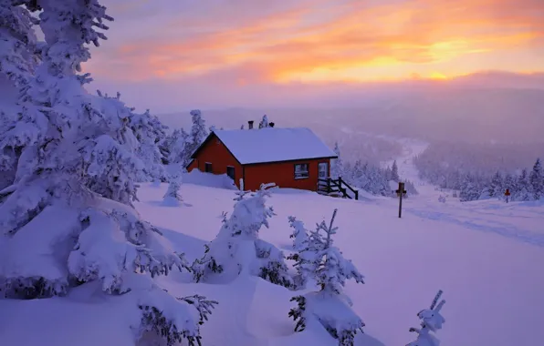 Картинка зима, небо, снег, пейзаж, природа, дом, house, white, sky, landscape, nature, sunset, beautiful, winter, snow, …