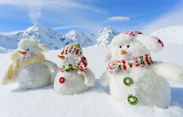 Картинка зима, снег, горы, природа, новый год, снеговики, White snowmans, 2015