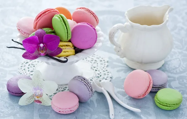 Картинка розовая, печенье, посуда, белая, кувшин, разноцветное, десерт, орхидея, ложки, ассорти, Anna Verdina, macaron, макарун