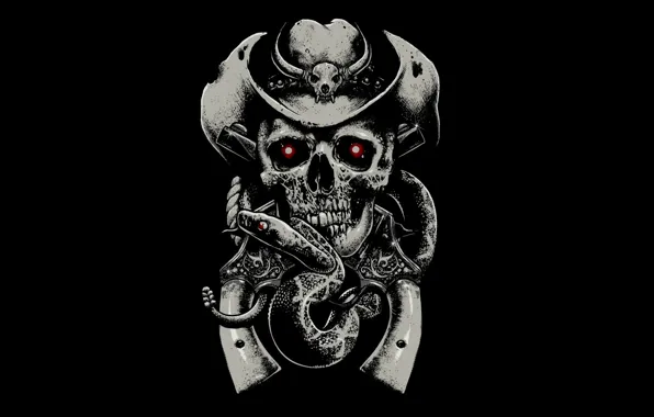 Картинка фон, страх, череп, змея, шляпа, skull, револьверы