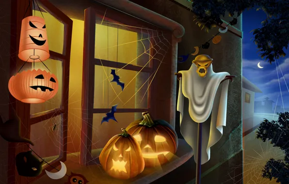 Картинка свет, ночь, окно, Halloween, тыква, Хэллоуин, фонарики