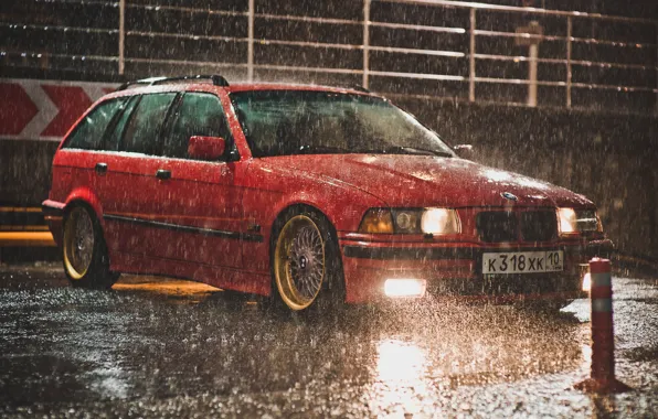 Картинка дождь, BMW, red, BBS, e36, Touring