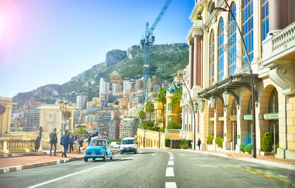 Картинка машины, люди, улица, здания, кран, Cars, Monaco, Street, Монако, Building, People, European