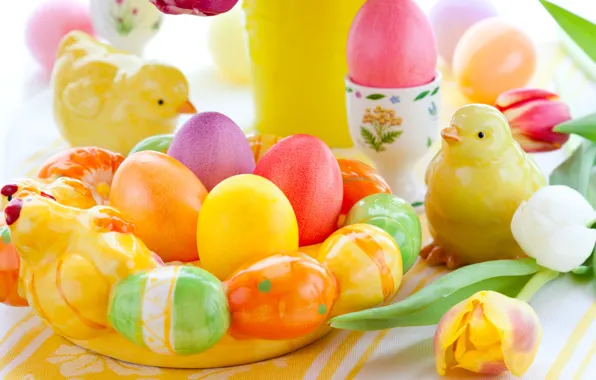 Картинка праздник, цыплята, яйца, весна, Пасха, тюльпаны, фигурки, Easter, пасхальные