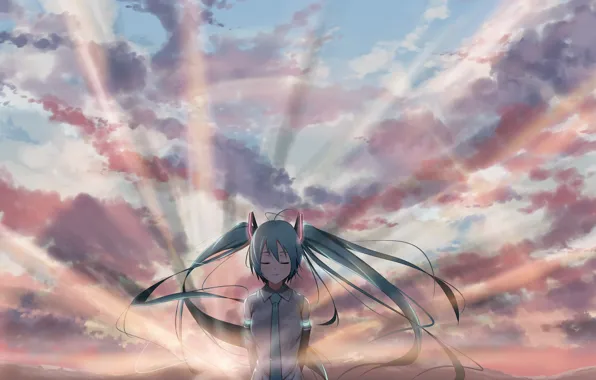 Картинка девушка, облака, закат, арт, Hatsune Miku, Vocaloid, Вокалоид