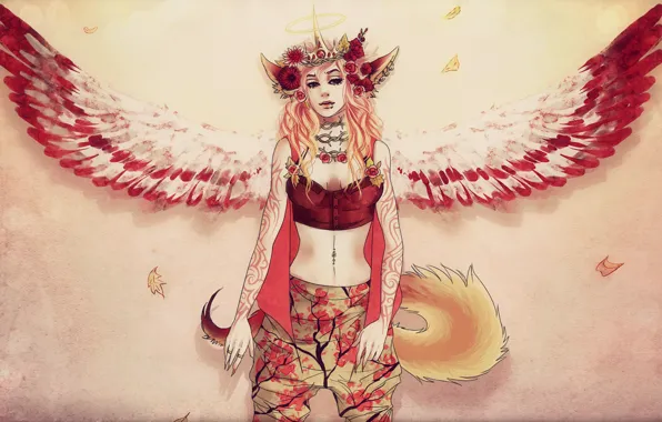 Картинка цветы, Девушка, крылья, хвост, уши, нимб