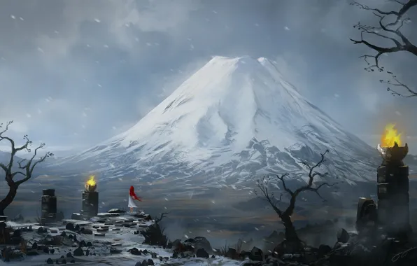 Картинка девушка, снег, камни, огонь, гора, арт, рыжая, метель, пик, blinck