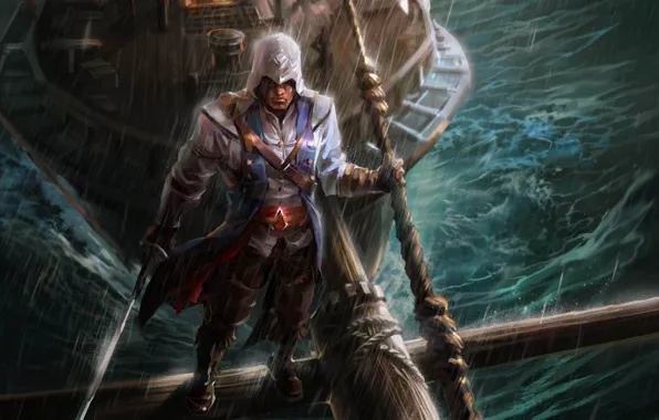 Картинка дождь, корабль, балки, капюшон, парень, сабля, fan art, Assassin‘s Creed