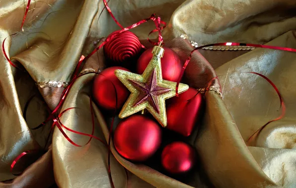 Картинка шарики, шары, игрушки, звезда, Новый Год, красные, ткань, Christmas, New Year, елочные