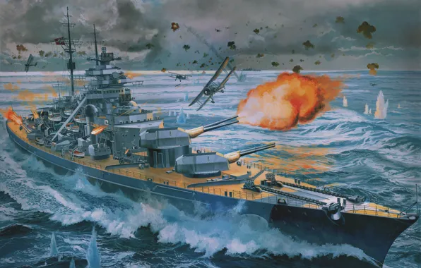 Картинка Небо, Море, Рисунок, Самолет, Корабль, Стрельба, Битва, Крейсер, Линкор, Bismarck