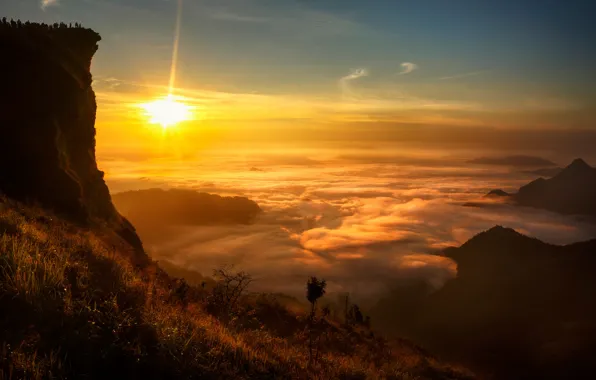 Картинка солнце, облака, скала, вид, Laos