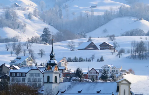 Картинка зима, снег, горы, дома, городок, альпы, ратуша