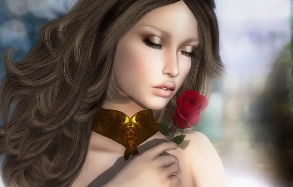 Картинка девушка, лицо, фон, волосы, роза, красотка